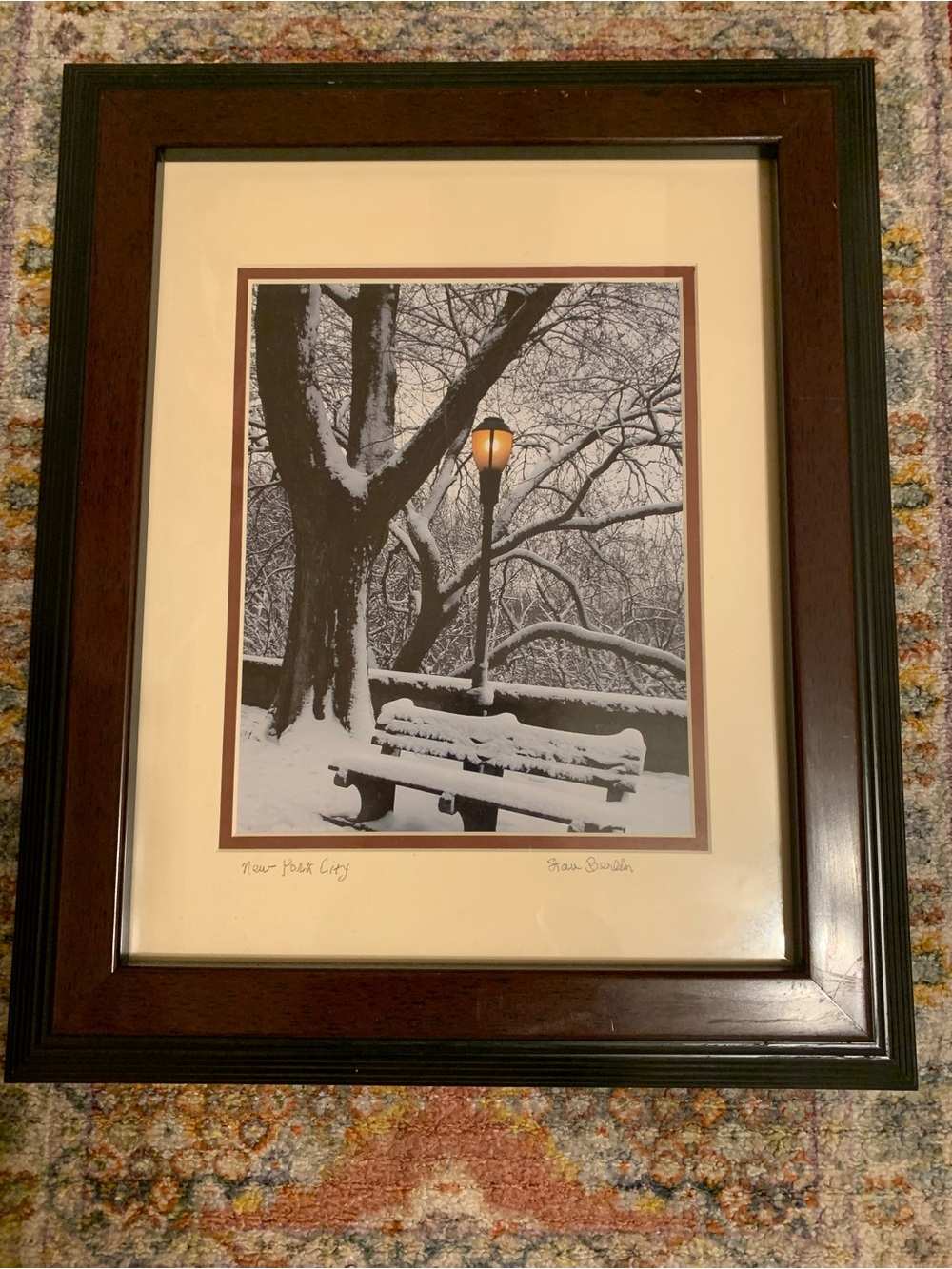 Framed Winter Park Bench Art Print in Brown Frame